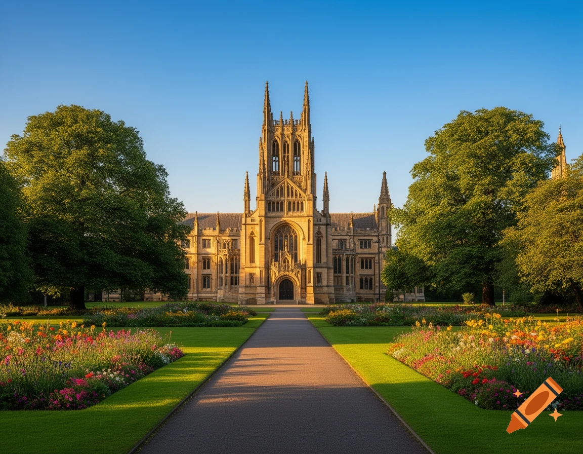 Grand gothic-style college with spires, flanked by trees, lush lawns, and colorful flower beds under a clear blue sky.