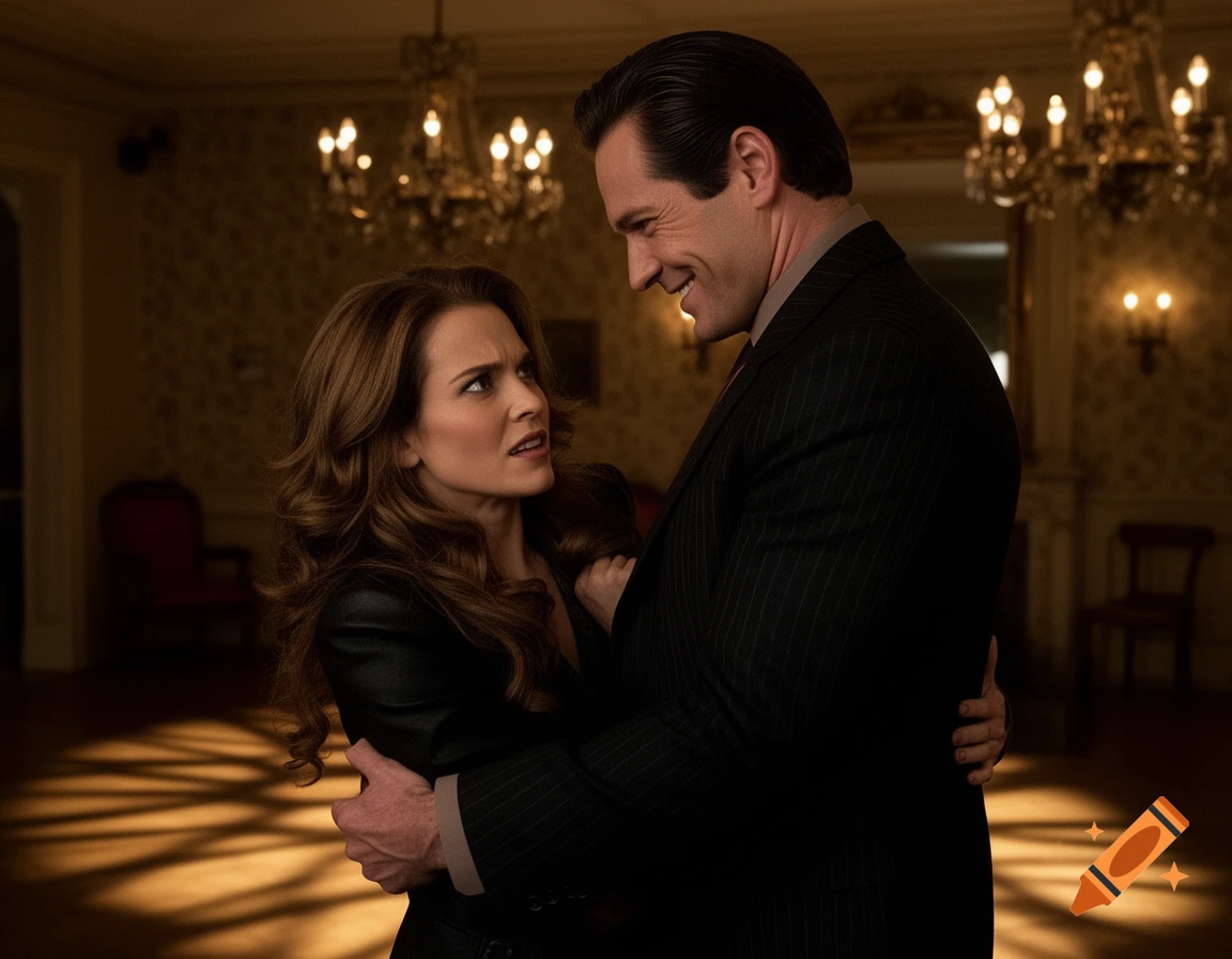 A man in a pinstripe suit smiles menacingly at a distressed woman he holds close in a lavish room with chandeliers.