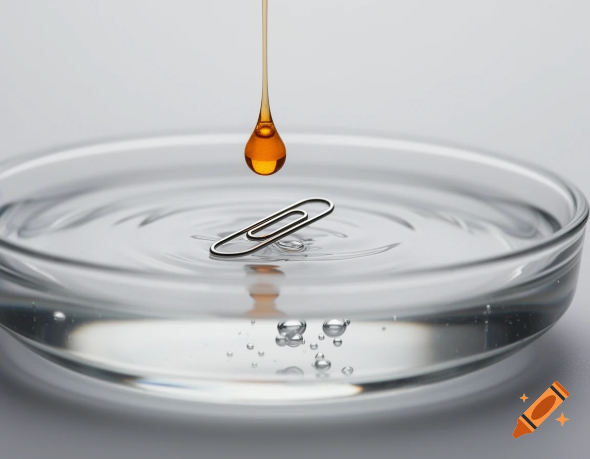 Close-up of an amber liquid drop falling onto water in a petri dish with a floating paperclip.