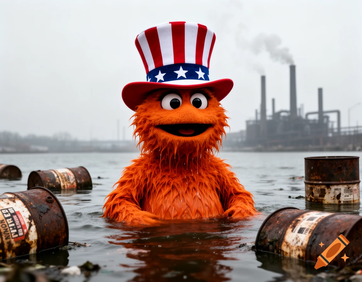 Gritty, wearing an Uncle Sam hat, swims in polluted water with rusty barrels and a factory emitting smoke in the background.