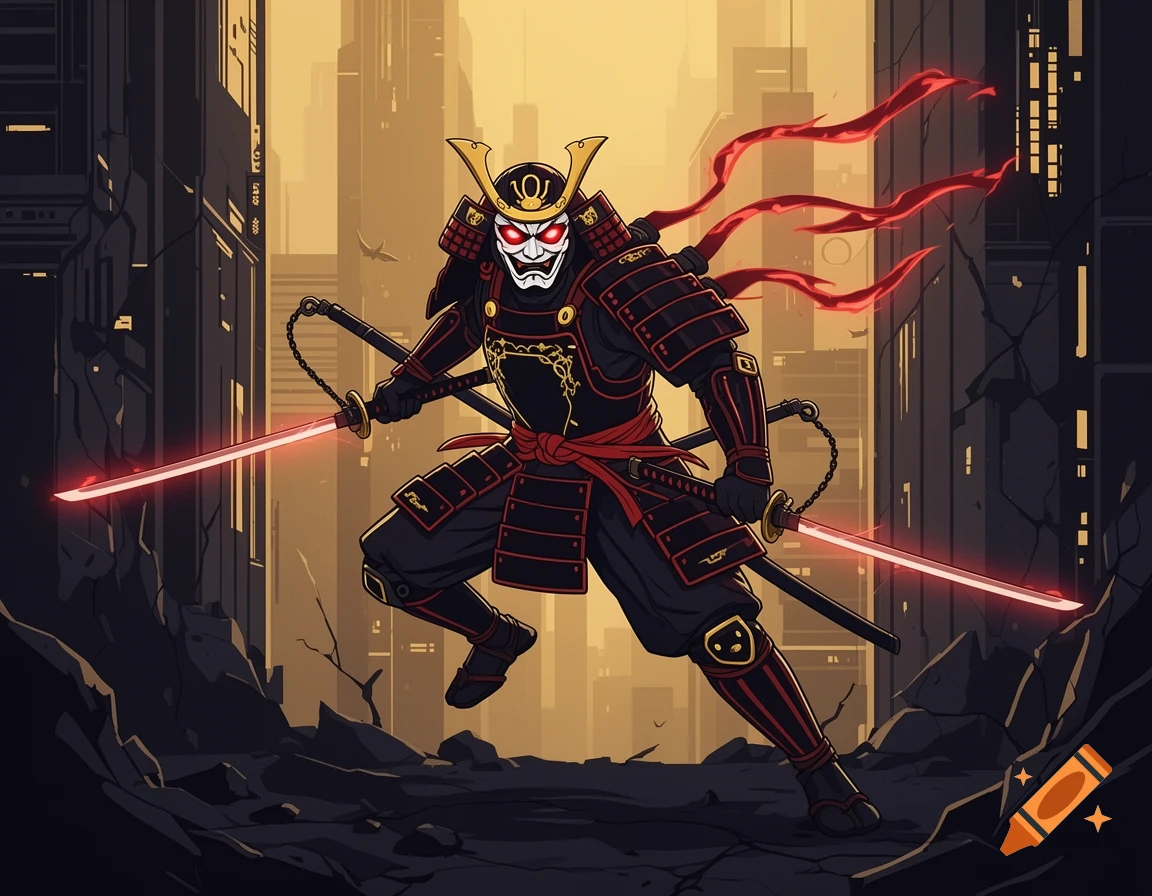 A stylized samurai warrior in black and red armor with a white kabuki-style mask and glowing red eyes wields two glowing red katanas in a ruined cityscape.
