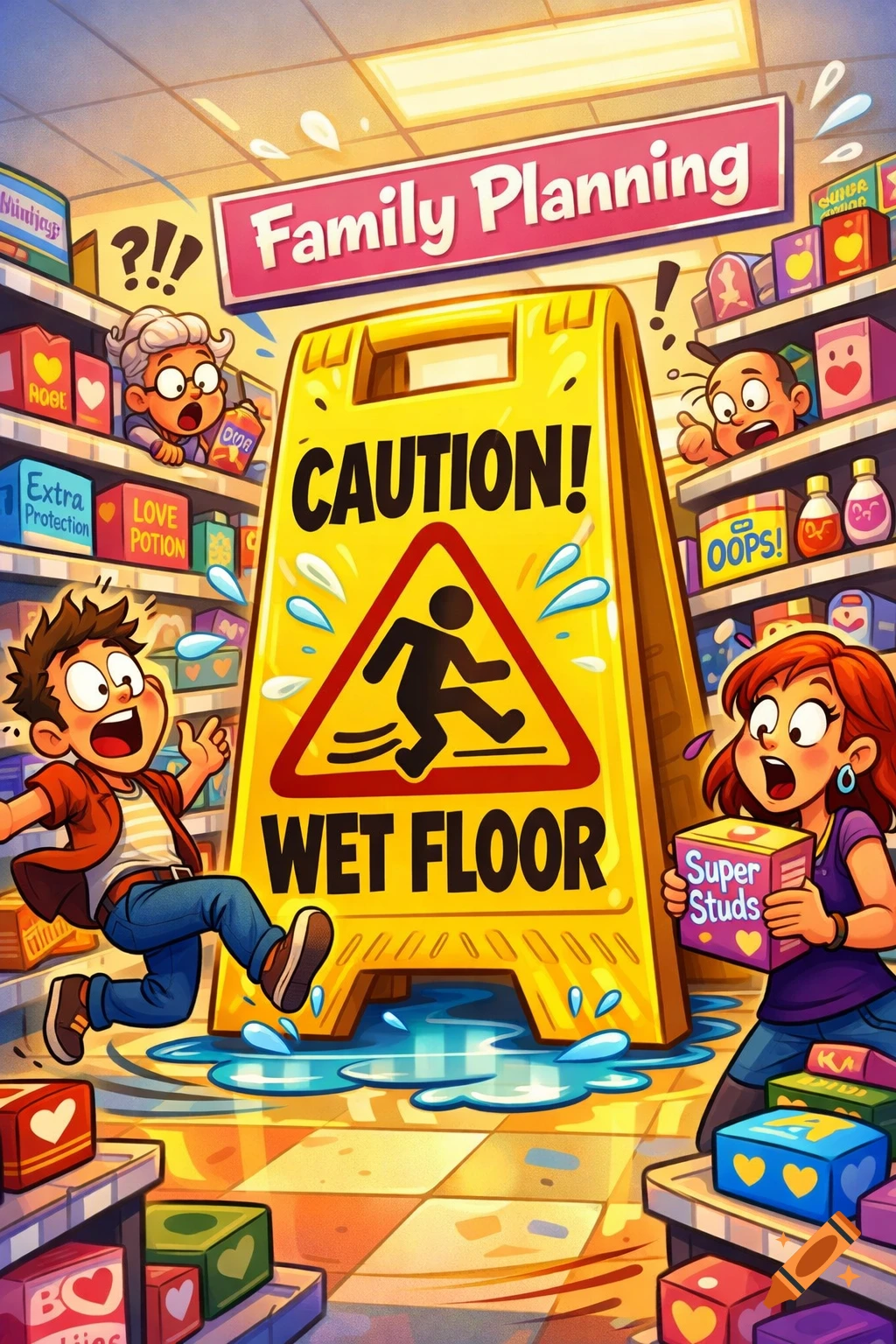 A humorous cartoon illustration of a chaotic grocery store 'Family Planning' aisle with a 'Caution: Wet Floor' sign and shocked shoppers.