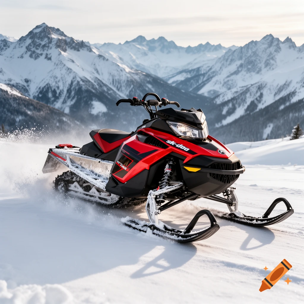 A red and black Ski-Doo snowmobile kicks up snow on a sunny mountain slope with majestic snow-covered peaks in the background.