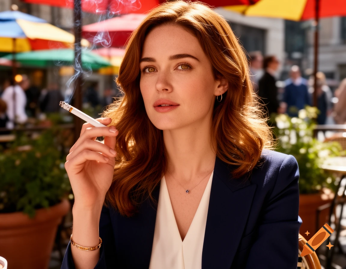 A photorealistic portrait of a woman with red hair, wearing a blazer, smoking a cigarette at an outdoor cafe.