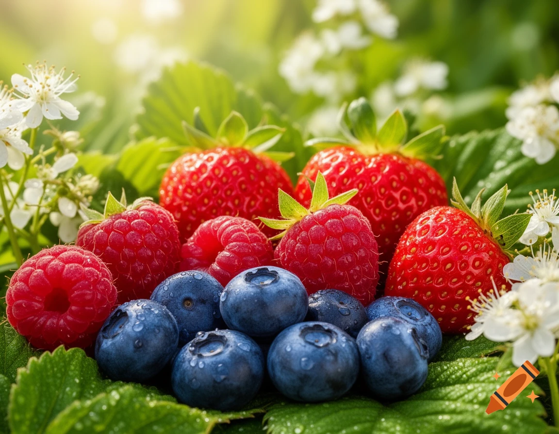 Close-up of fresh blueberries, raspberries, and strawberries on green leaves with white flowers and water droplets, bathed in sunlight.