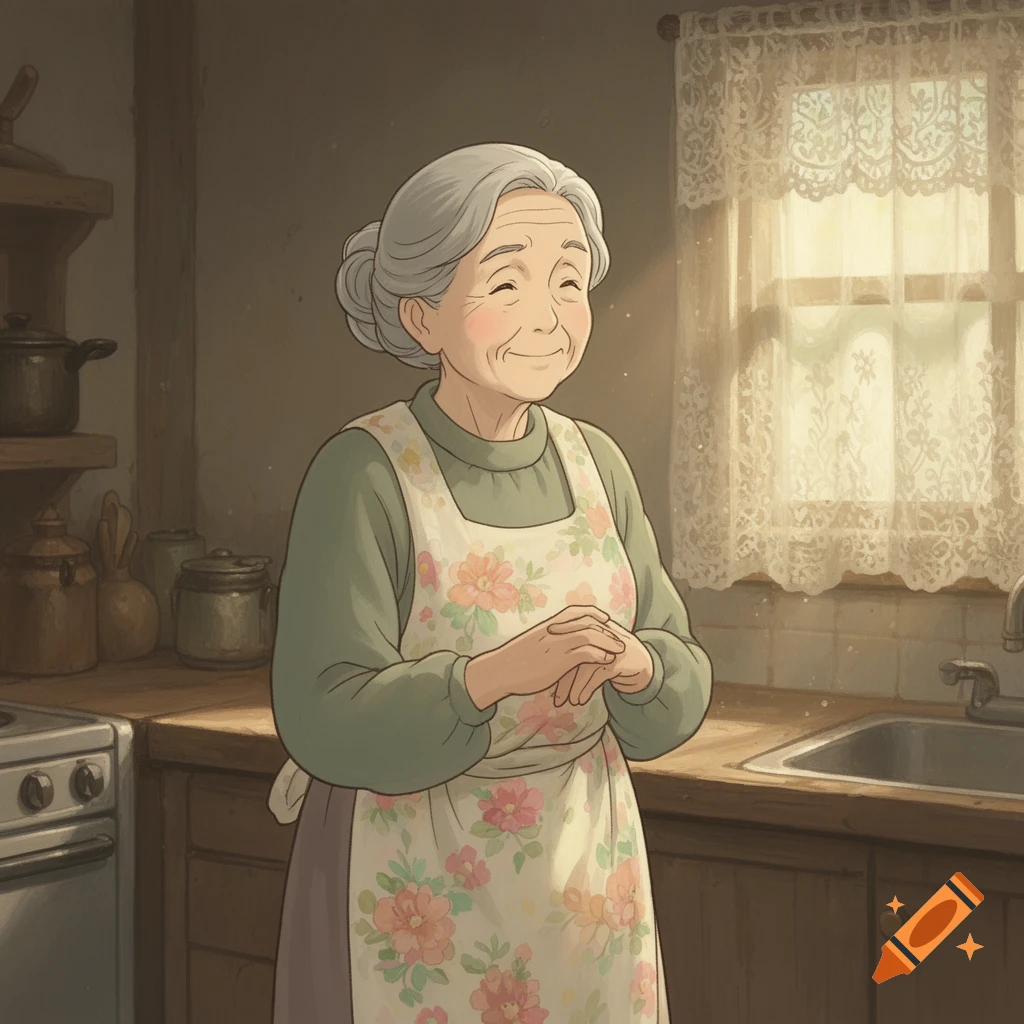 A smiling elderly woman with silver hair, wearing a floral apron, stands in a cozy Ghibli-style kitchen with sunlight filtering through lace curtains.