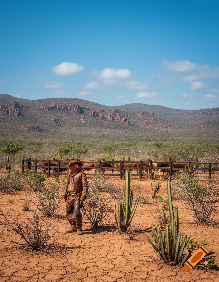 A cowboy stands in a dry, cracked desert with cacti and bushes. Cattle are penned in the background beneath mountains and a clear blue sky.
