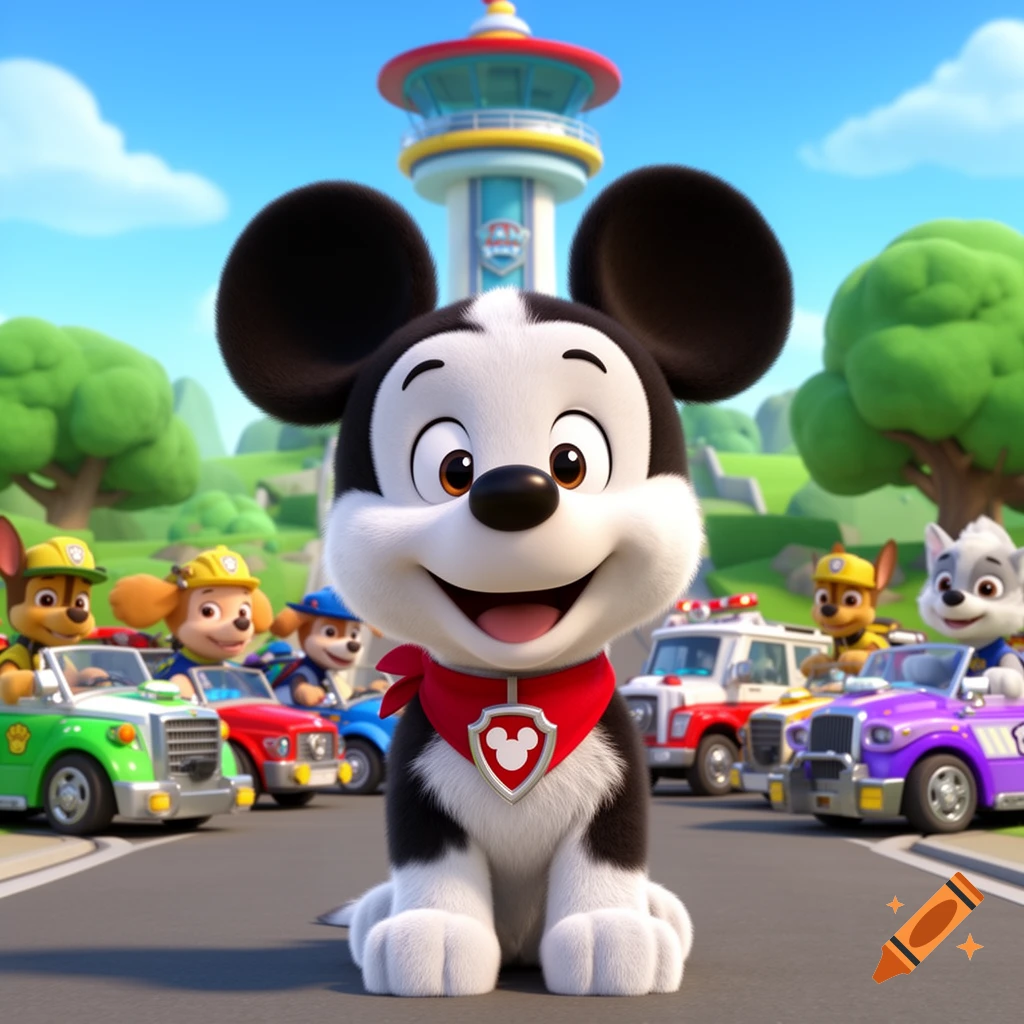 A cute cartoon puppy with Mickey Mouse ears and a red bandana featuring a shield emblem sits smiling in front of Paw Patrol pups and their vehicles with a lookout tower in the background.