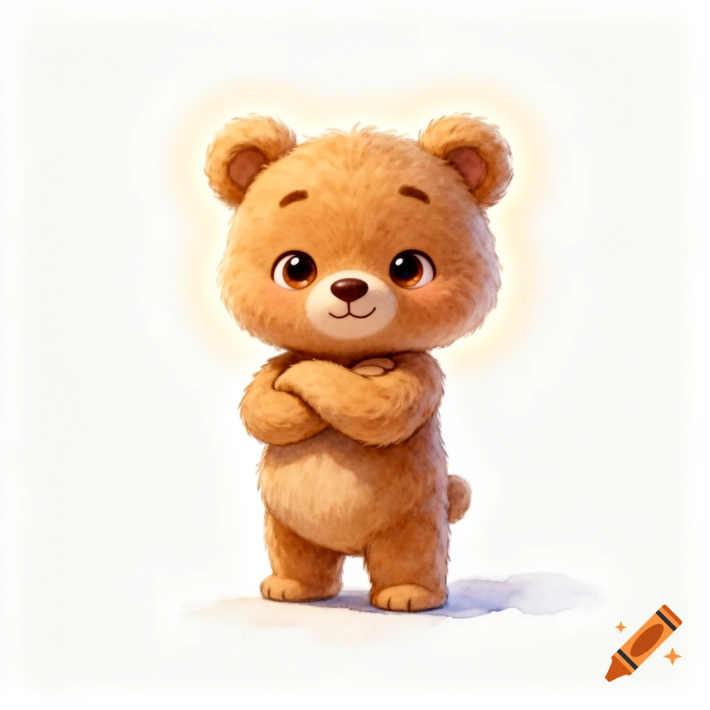 Cute animated teddy bear standing with arms crossed on a white background.