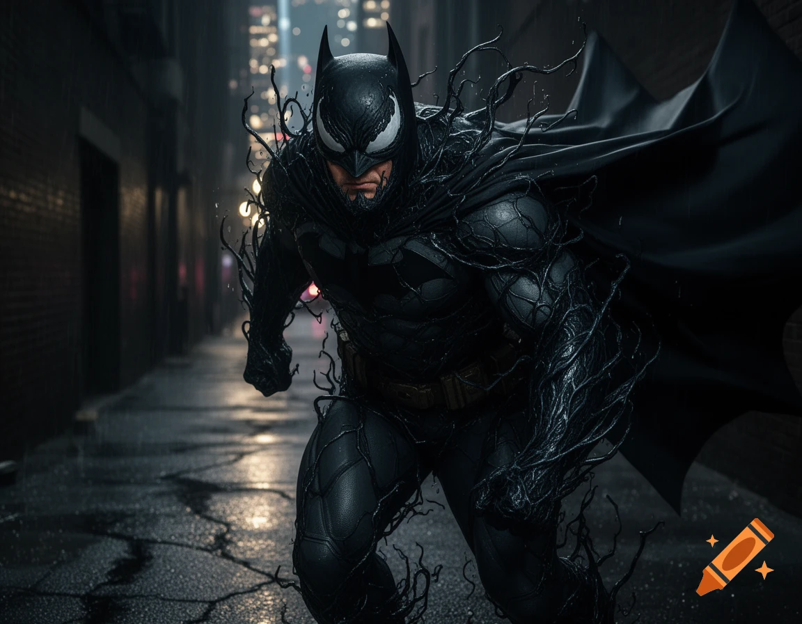 Photorealistic image of Batman, partially engulfed by the black Venom ...