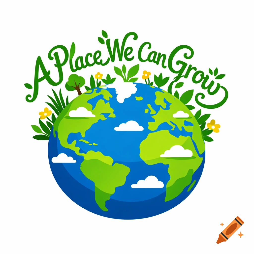 Stylized illustration of Earth with green land, blue oceans, surrounded by plants, flowers, and text 'A Place We Can Grow' in green leafy letters.