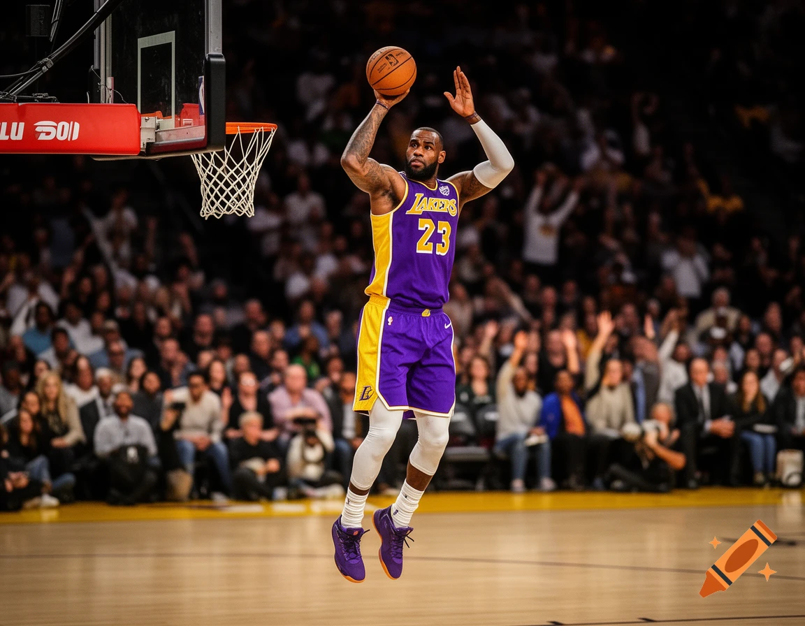 LeBron James jumps to shoot a basketball in a purple and gold Lakers uniform during a game.