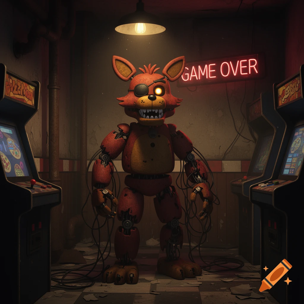 Foxy, the animatronic fox from FNAF, stands in a dark arcade with glowing 'GAME OVER' sign and arcade machines.