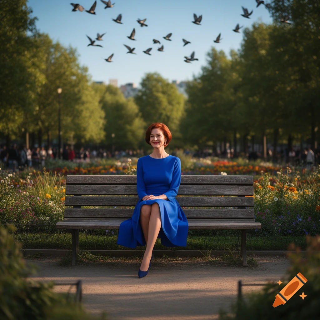A smiling woman with auburn hair in a blue dress sits on a park bench ...