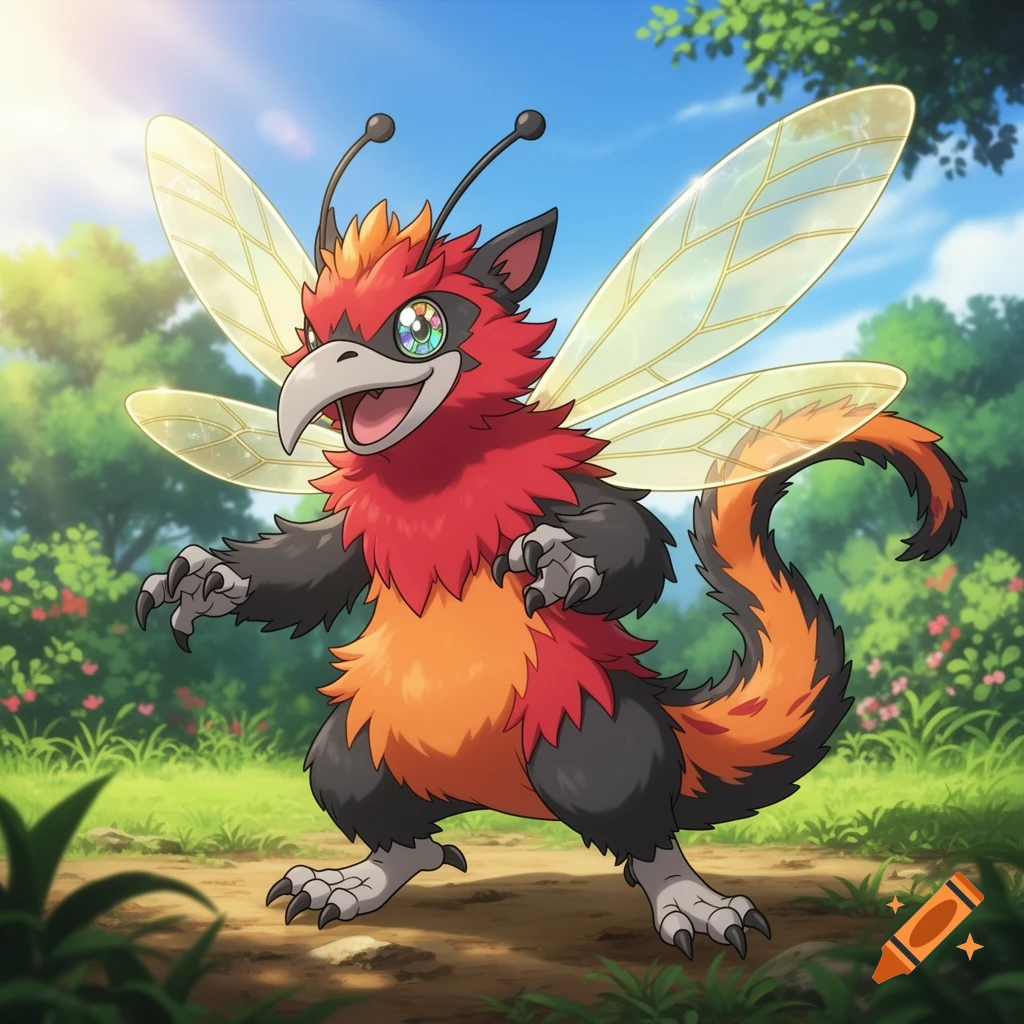 Inseect Fakemon A red, orange, and black Pokémon-style fakemon with insect wings, a ...