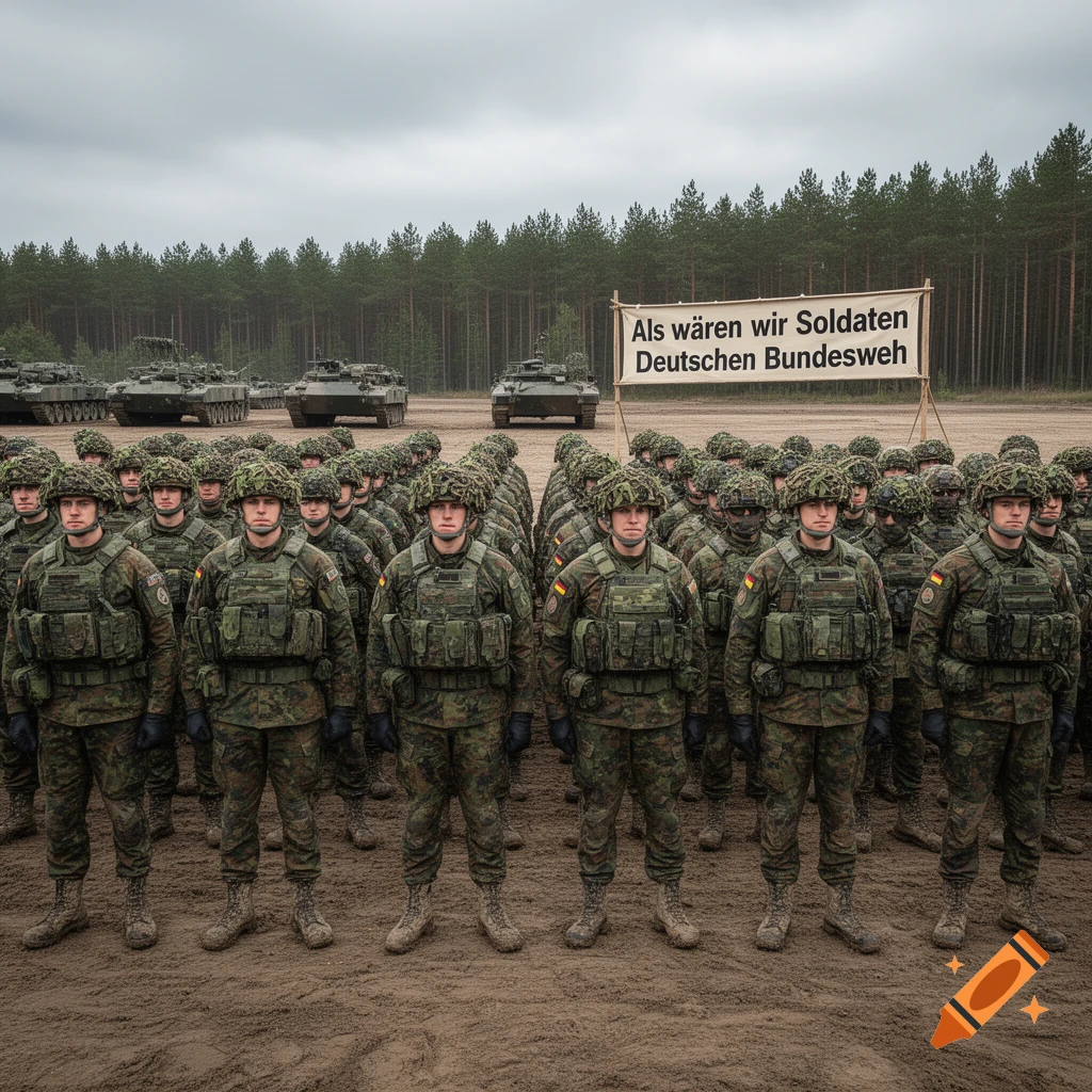 Photorealistic image of many soldiers in camouflage uniforms standing in formation on a dirt field with tanks and a forest in the background, a banner with German text reads "Als wären wir Soldaten Deutschen Bundesweh"