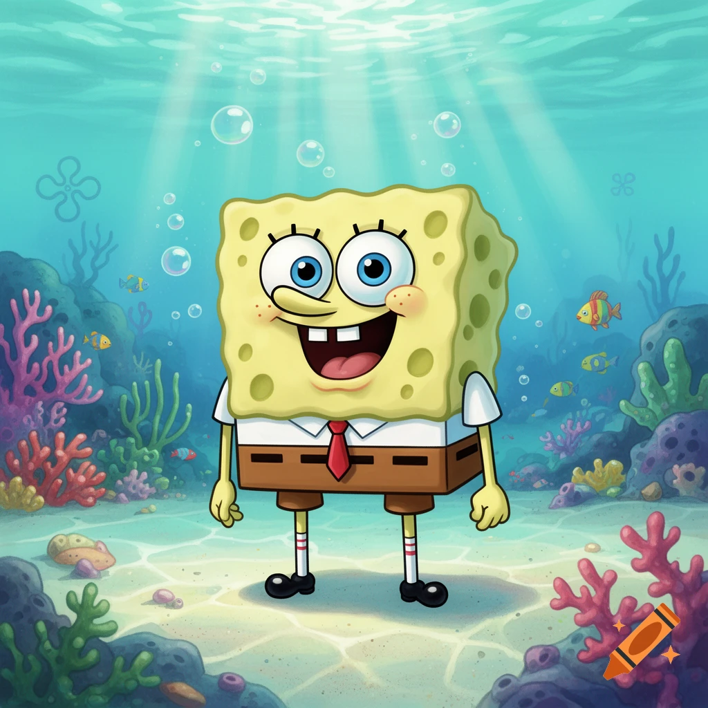 Spongebob Squarepants stands smiling underwater, surrounded by vibrant coral and small fish.