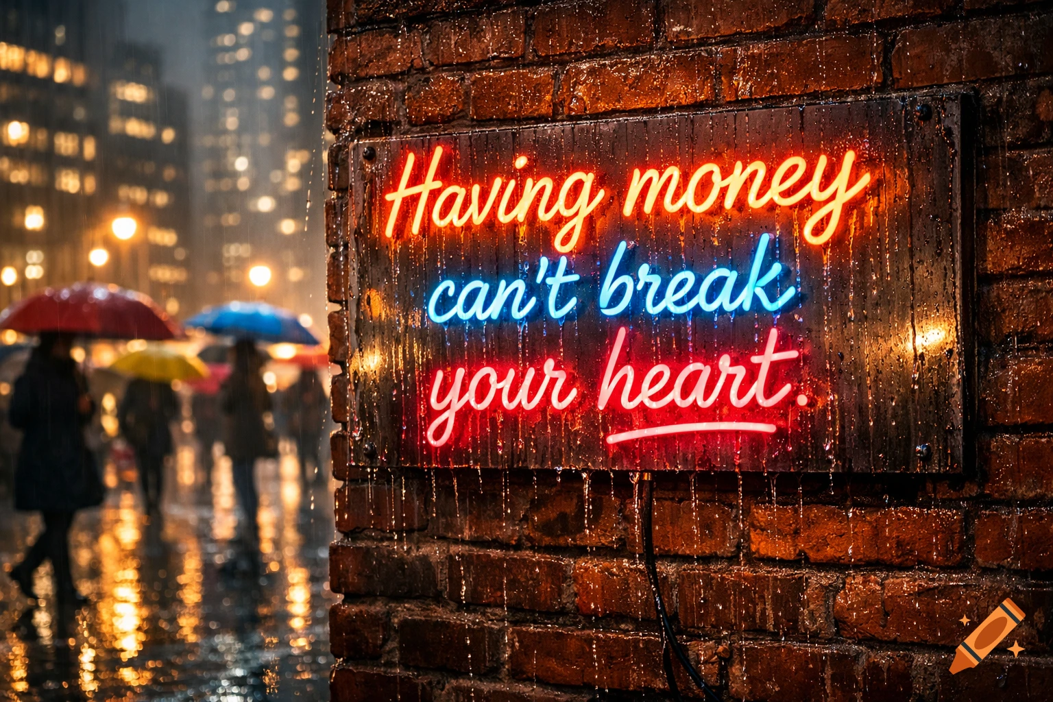 A vibrant neon sign on a brick wall reads "Having money can't break your heart" as blurred figures with umbrellas walk in the rainy city background.