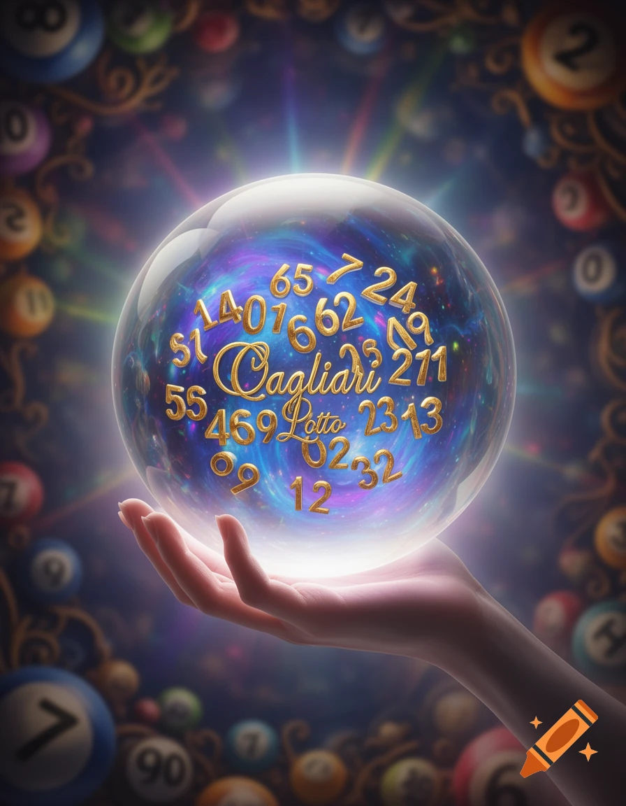 A glowing crystal ball held by a hand, filled with gold numbers and text 'Cagliari Lotto', surrounded by colorful lottery balls.