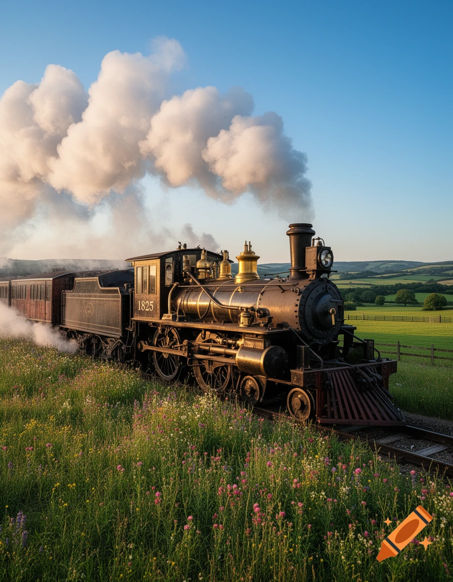 A vintage black steam train with golden accents moves through a field of wildflowers under a blue sky, emitting white smoke.