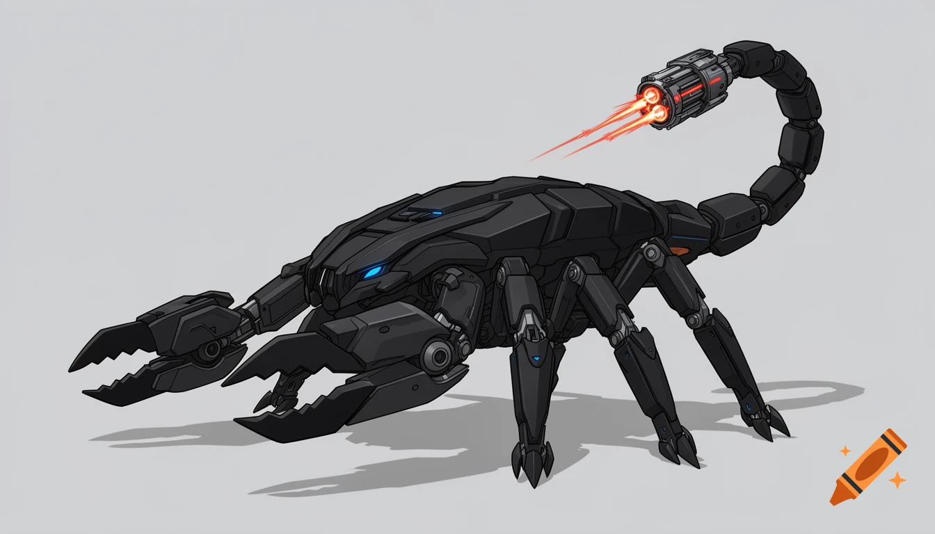 A black, scorpion-like robot with powerful claws and a tail firing red plasma from its stinger, against a plain background.