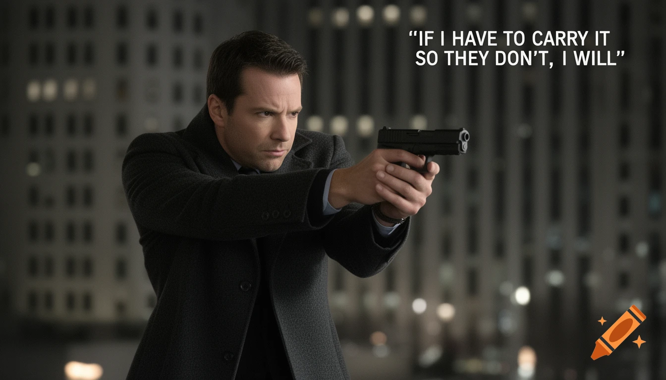 A man in a dark coat aims a pistol with both hands, with a quote "IF I HAVE TO CARRY IT SO THEY DON'T, I WILL" above him. The background is a blurry cityscape at night.