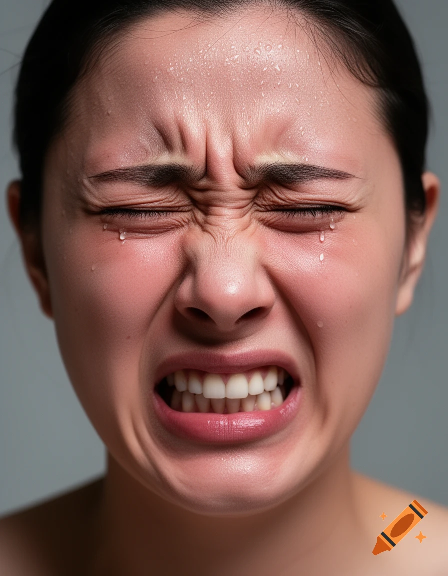 Close-up of a person's face contorted in great pain, with eyes squeezed shut, tears, sweat, and bared teeth.