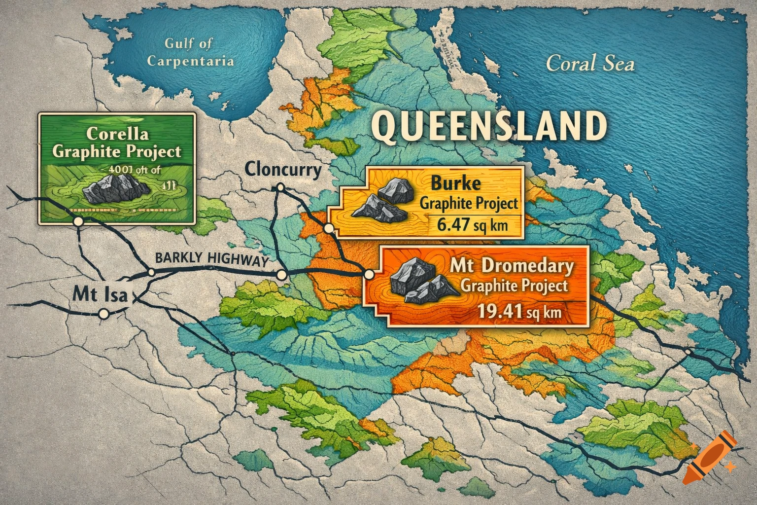 Illustrated map of Queensland, Australia, showing locations of Corella, Burke, and Mt Dromedary Graphite Projects with details like area size and roads.