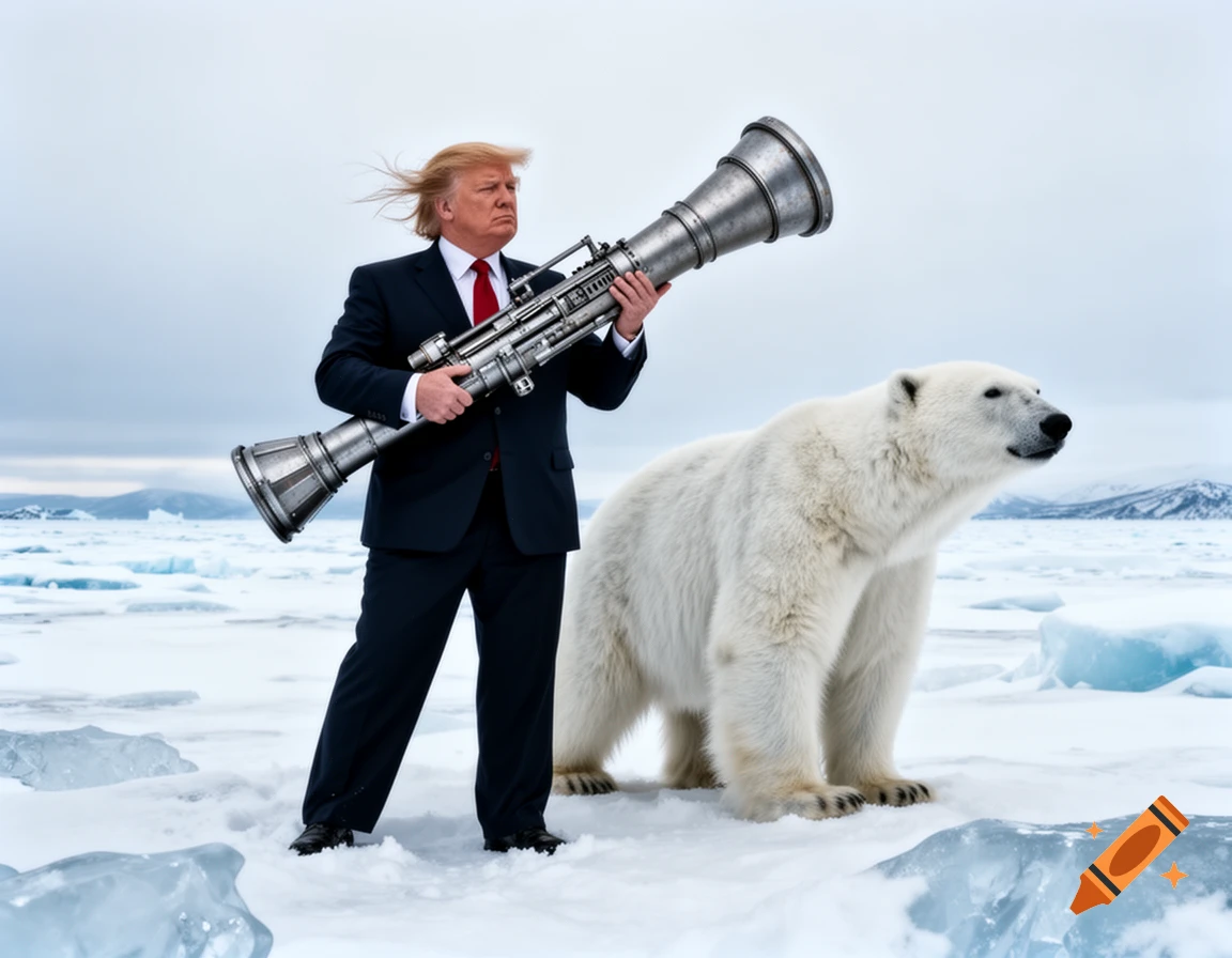 Donald Trump in a suit holds a large bazooka next to a polar bear on an arctic ice floe.