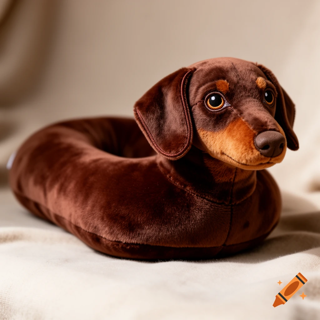 A photorealistic brown and tan dachshund plush toy shaped like a neck pillow, resting on a beige surface.