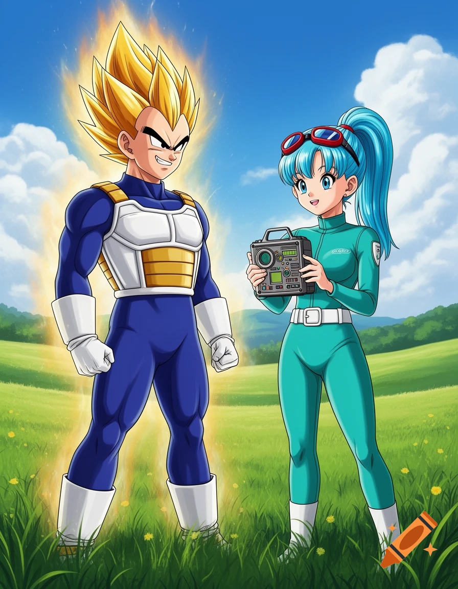 Anime characters Vegeta, glowing with golden energy, and Bulma, holding a device, stand in a vibrant green field under a blue sky.