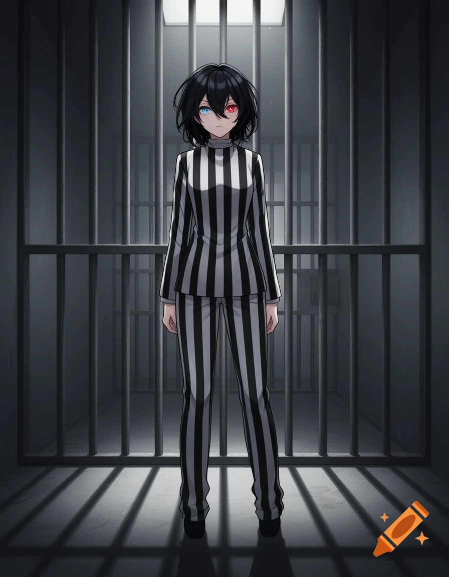 Anime character with short black hair and heterochromia in a striped prison uniform stands in a dark prison cell.
