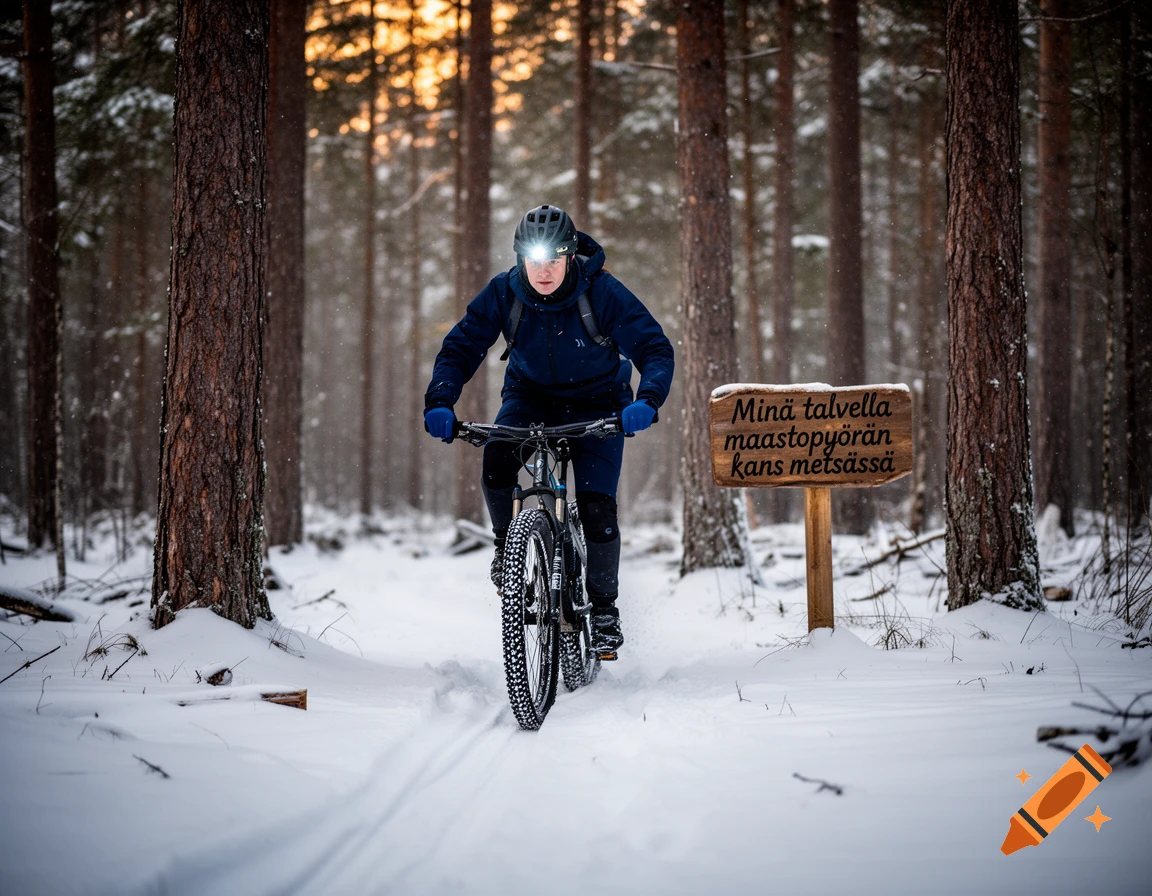 A person on a mountain bike rides through a snowy forest trail, headlamp glowing, with a wooden sign.