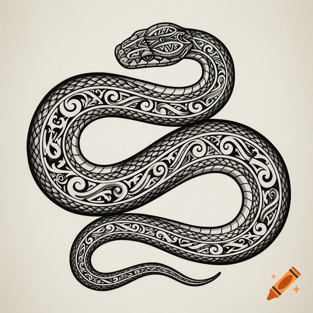 Black and white illustration of a coiled snake with intricate Maori-style patterns on its body, viewed from above.