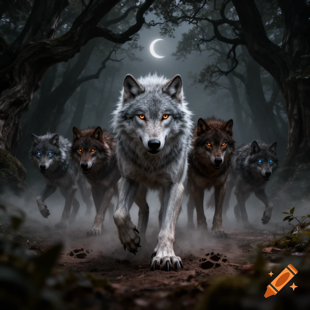 A pack of wolves with glowing eyes walks through a dark, misty forest path under a crescent moon, looking directly at the viewer.