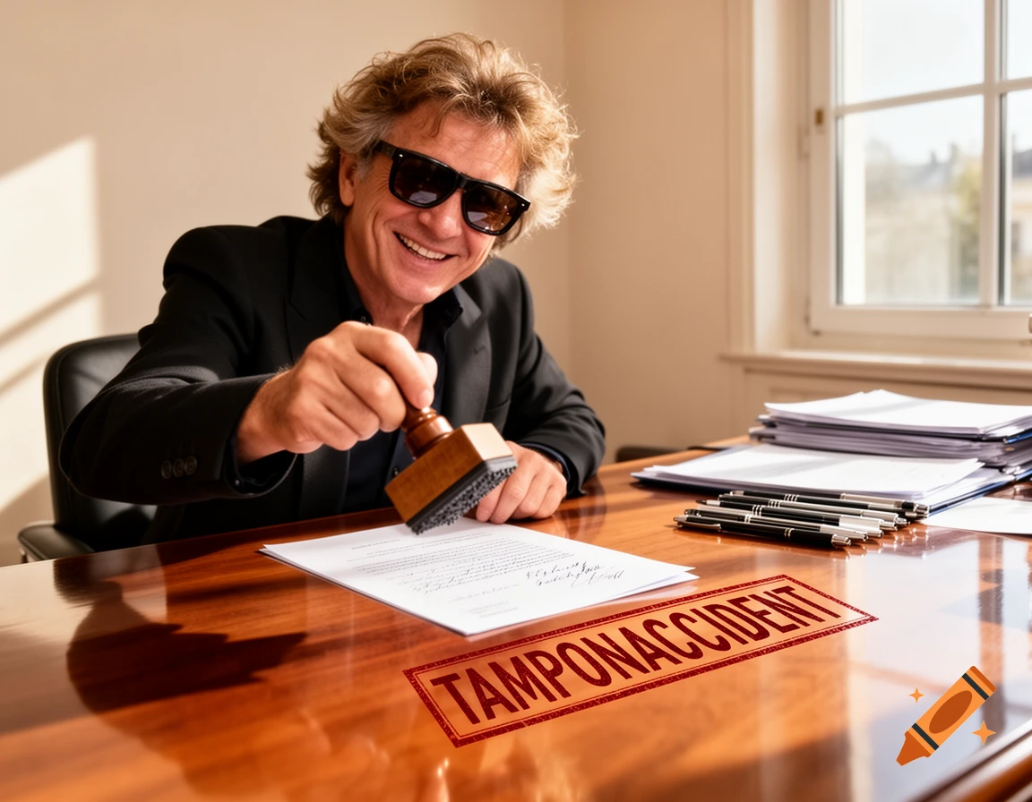 A man resembling Gilbert Montagné, wearing sunglasses, smiles as he holds a stamp over a document on a wooden desk. The word "TAMPONACCIDENT" is stamped on the desk. Photorealistic style.