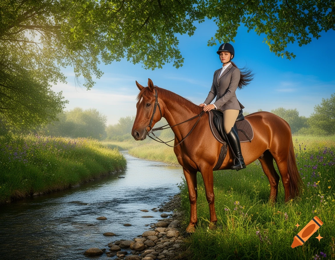 A woman in riding gear sits atop a brown horse by a rocky stream in a sunlit meadow with lush green trees.