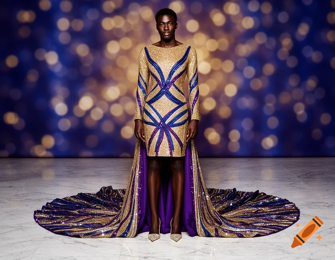 A person in a shimmering gold, blue, and purple mini-dress with a long train stands against a bokeh background.