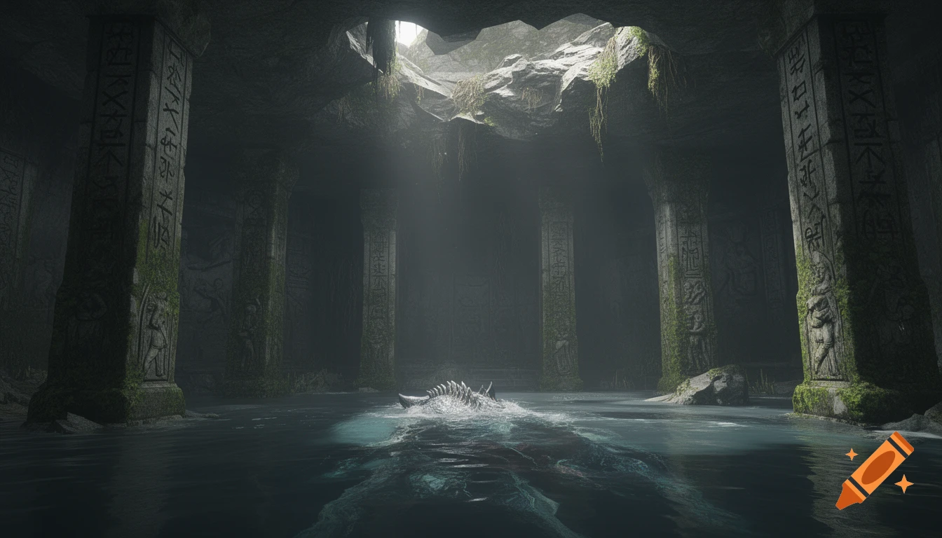 A dark, half-sunken ancient hall with towering moss-covered pillars featuring carved hieroglyphs, illuminated by light from an opening above. A large skeletal creature rests in the murky water.