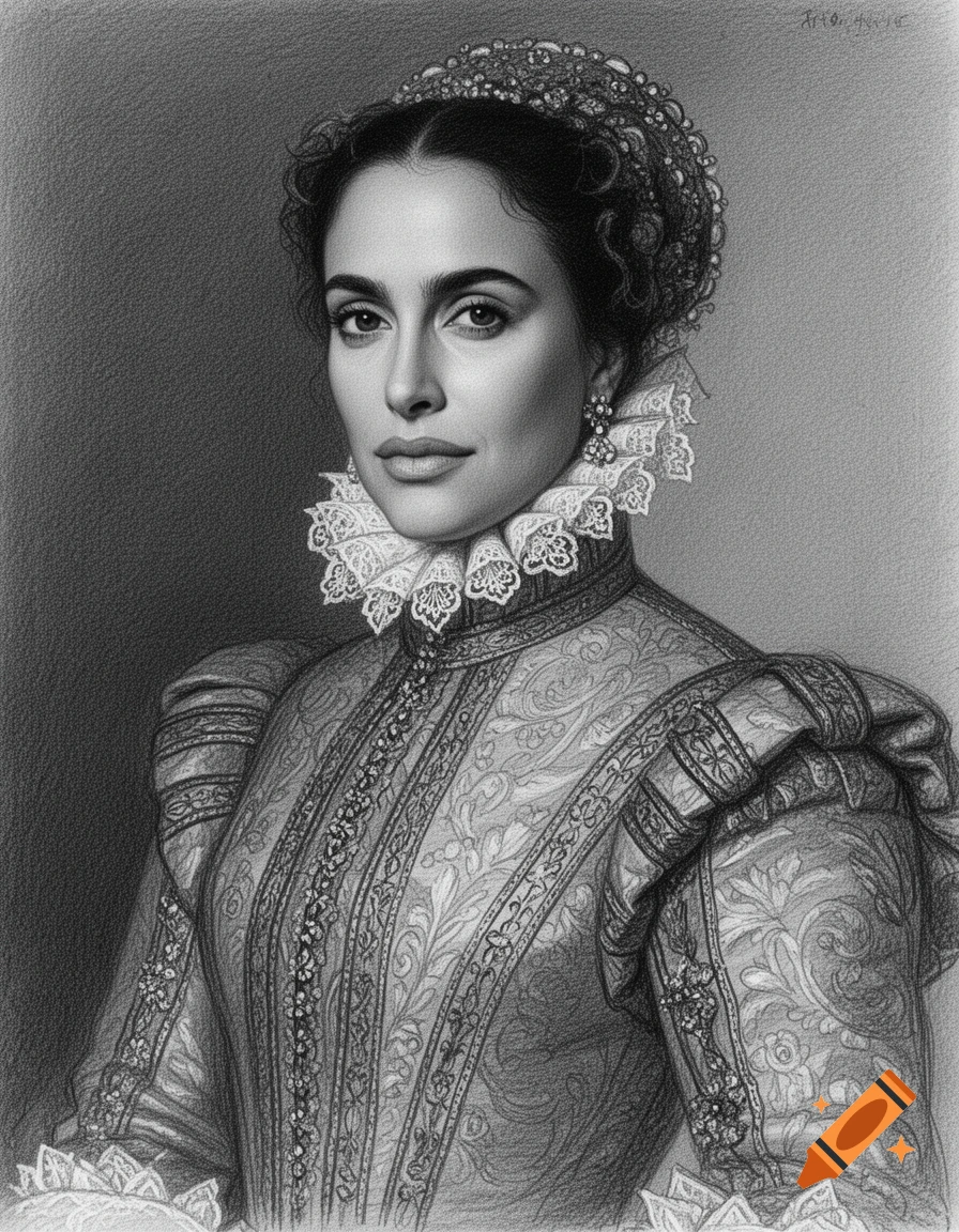 Black and white sketch portrait of a woman in elaborate Renaissance-era clothing with a large ruff collar and decorative headpiece.