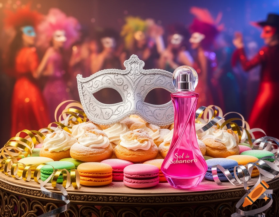 A silver masquerade mask and a pink 'Sol de Schanero' perfume bottle sit on a table with cream puffs, colorful macarons, and streamers, against a blurred background of people in carnival costumes.