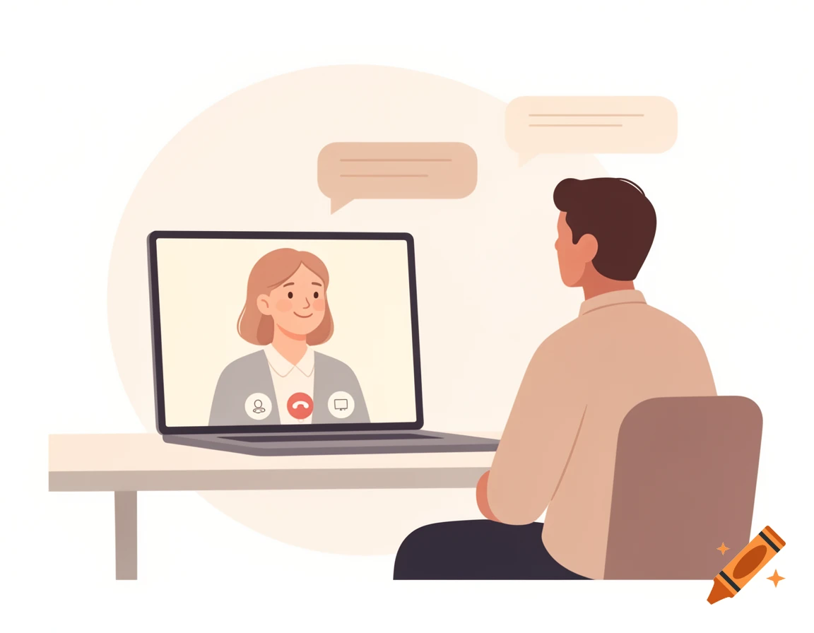 Flat modern illustration of a person at a desk video chatting on a laptop with another person, featuring speech bubbles and a minimal background.