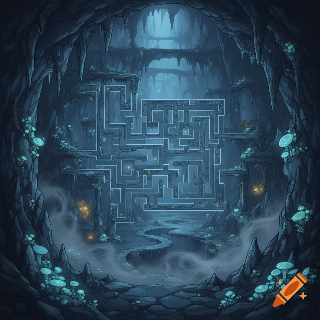 An illustrative fantasy cave maze for a game, featuring glowing blue mushrooms, rock formations, and a winding path.