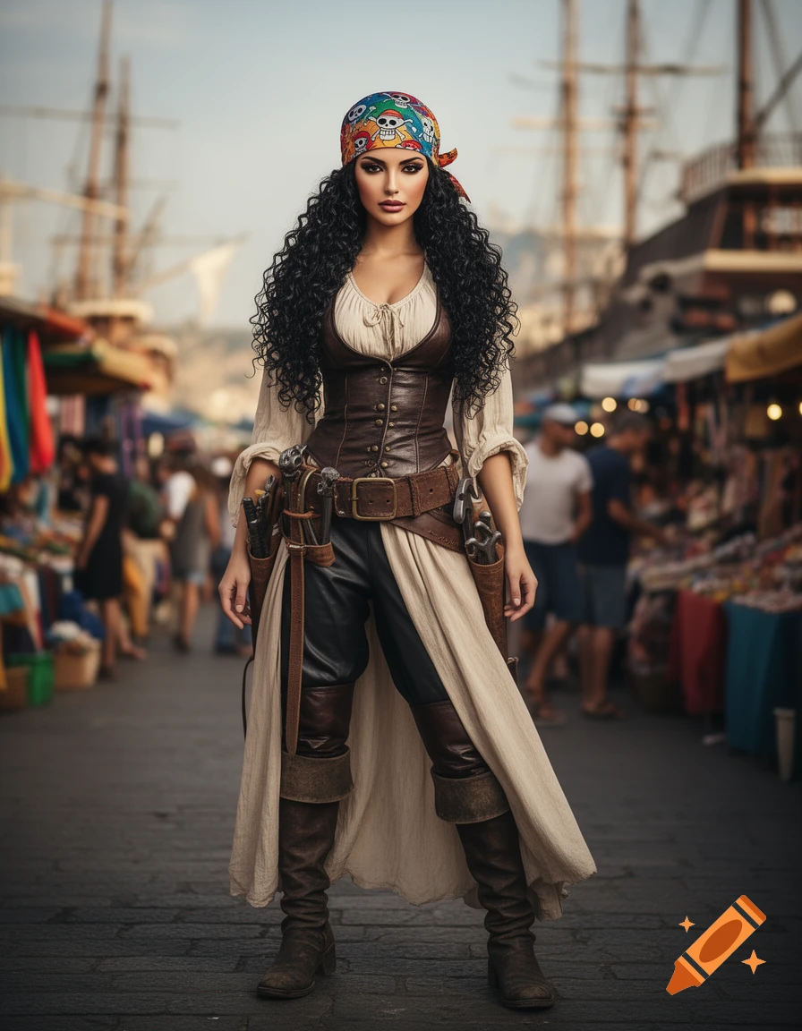A photorealistic depiction of a female pirate with long curly dark hair and a colorful bandana, wearing a leather corset and boots, standing in a bustling port market.