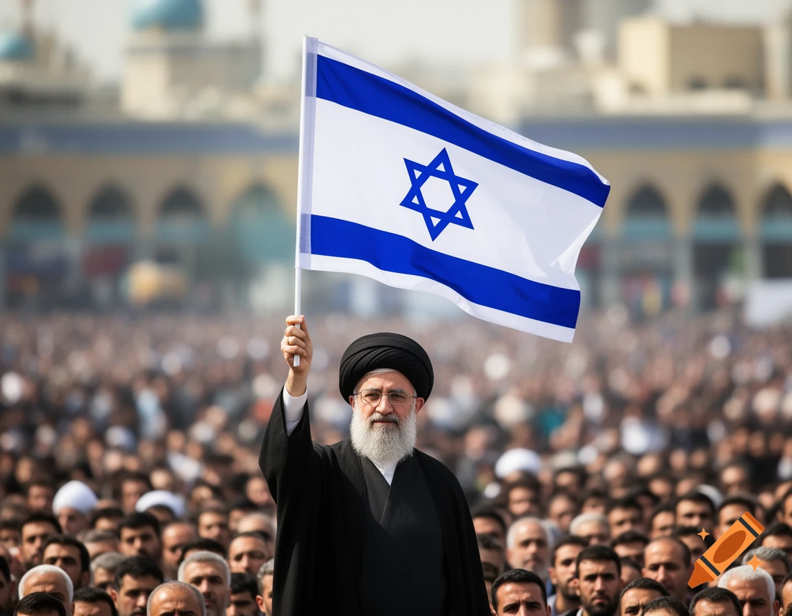 A man resembling Ayatollah Khamenei, wearing a black turban, waves an Israeli flag above a large crowd.