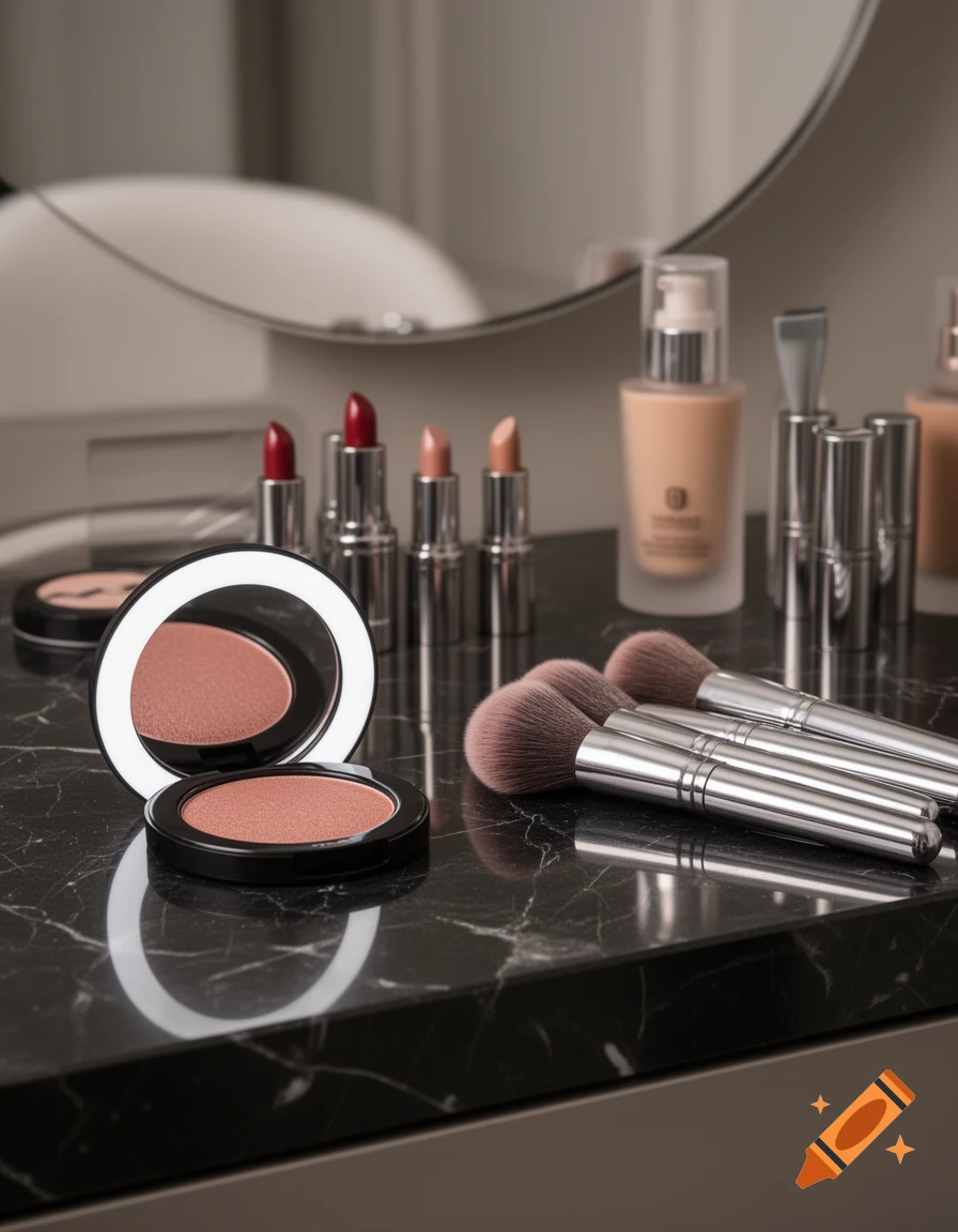 A photorealistic image of makeup products including lipsticks, foundation, powder, and brushes on a dark marble vanity with reflections.