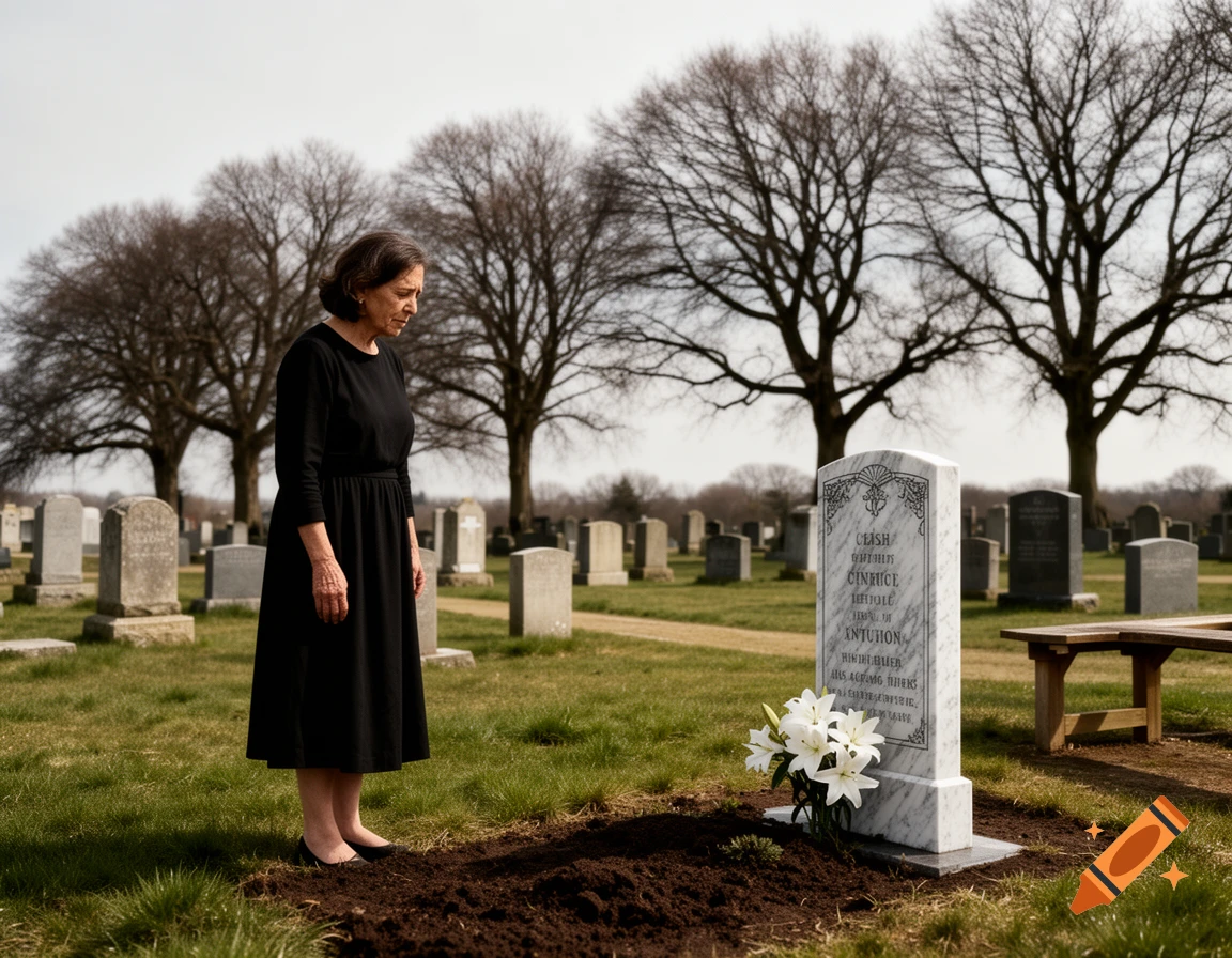 An elderly woman in a black dress stands solemnly by a newly dug grave with white lilies in a cemetery on an overcast day.
