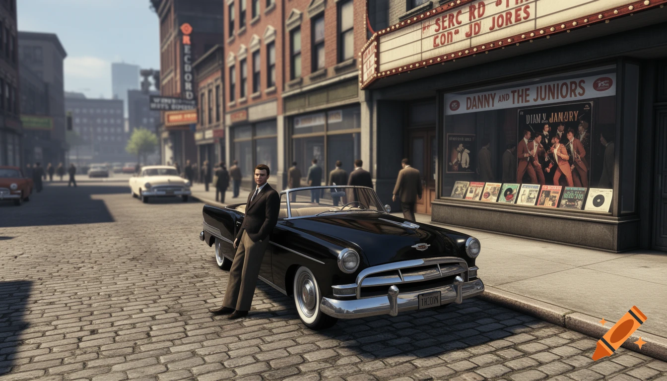 A man in a suit leans against a vintage black convertible on a cobblestone street in a 1950s-era city, with a theater and record store in the background.