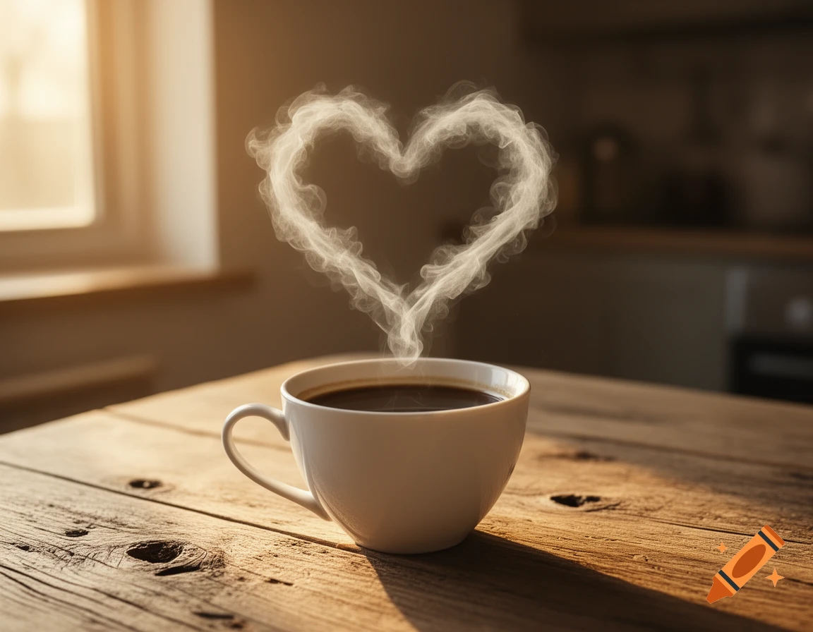 A steaming cup of coffee on a rustic wooden table, with the steam forming a heart shape. A window and kitchen counter are blurred in the background.