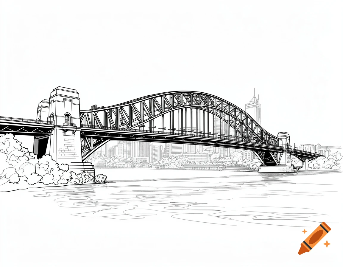 Black and white outline drawing of a large arch bridge over water, with a city skyline in the background.